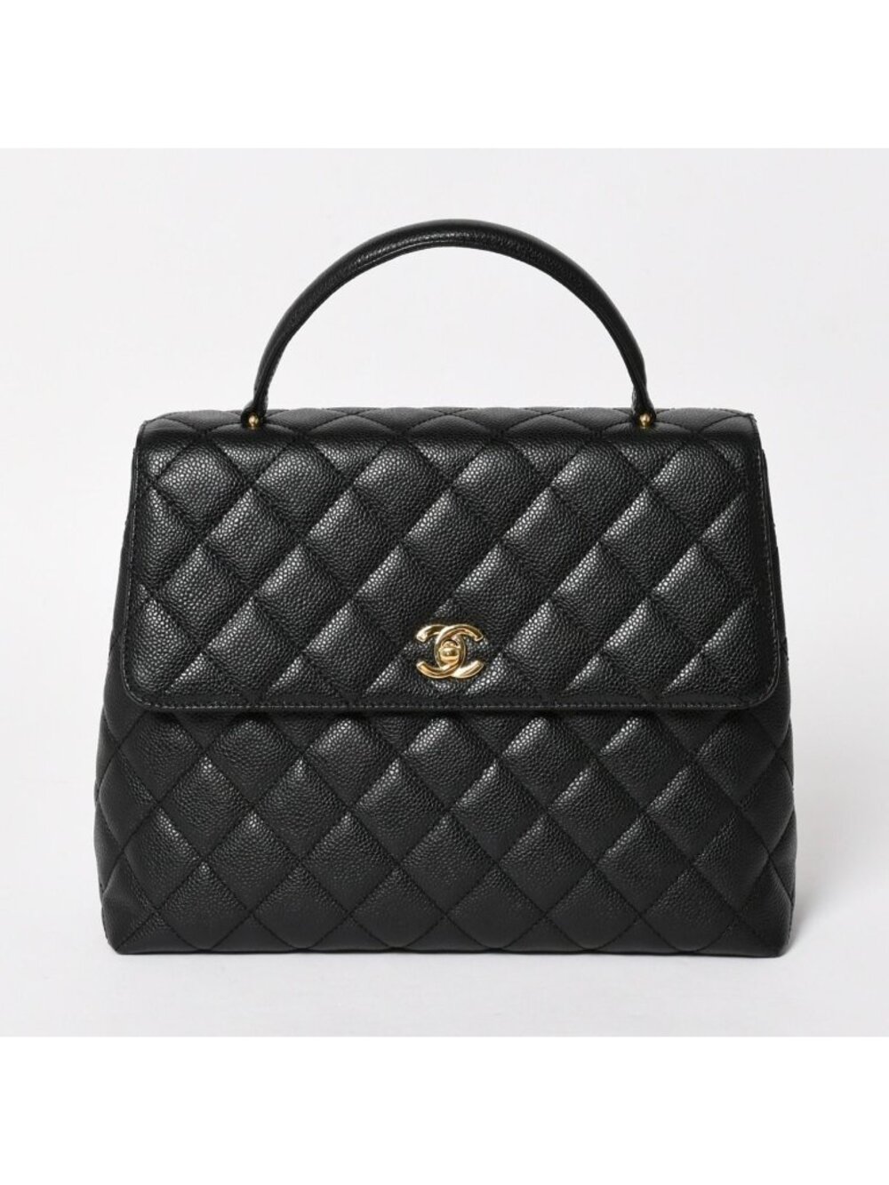 Chanel Quilted CC Logo CC Handbag Top Handle Turnlock Caviar Leather Black Gold